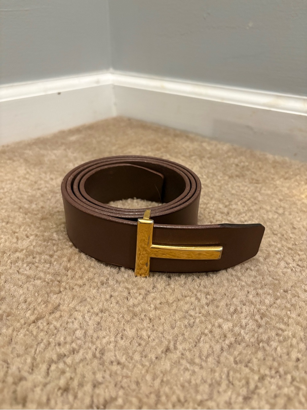 Tom Ford Brown Leather Belt with Gold T-Bar Buckle - Size 95